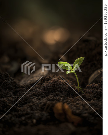 Young green sprout emerging from dark soil, symbolizing growth and new beginnings, with soft light highlighting delicate leaves and rich earth 129393389