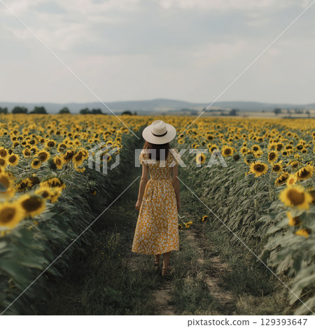 Woman walking through sunflower field on cloudy day, wearing yellow floral dress and wide brimmed hat, creating peaceful and scenic summer atmosphere 129393647