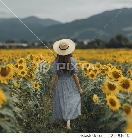 Woman walking through sunflower field wearing sun hat and dress, surrounded by bright yellow sunflowers with mountains in background, evoking peaceful and joyful summer day 129393648