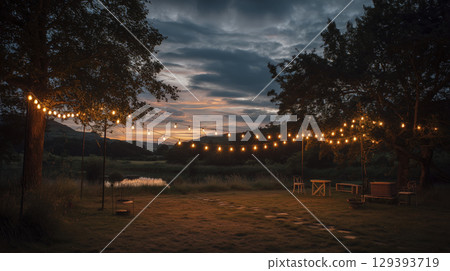 Image depicts outdoor setting during dusk with string lights hanging between trees, creating warm and inviting atmosphere. sky is partly cloudy with hints of sunset colors, and landscape includes 129393719