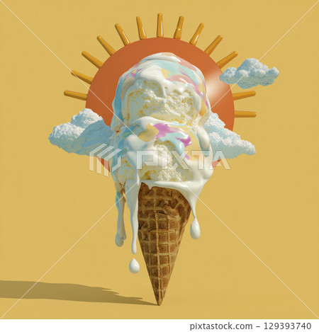 Melting ice cream cone with colorful swirls, clouds, and sun in background creates fun, summer vibe. ice cream appears to be dripping, evoking sense of warmth and enjoyment 129393740