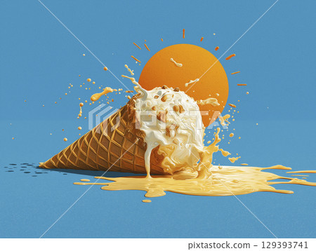 Melting ice cream cone with splashes of ice cream and bright orange sun in background on blue surface, creating fun and summer vibe 129393741