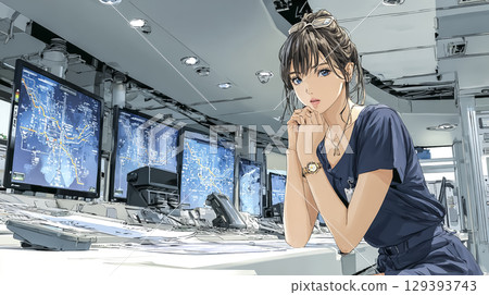 Illustration material of a female employee working in the subway control room | Operation management, traffic system, and safety management site 129393743