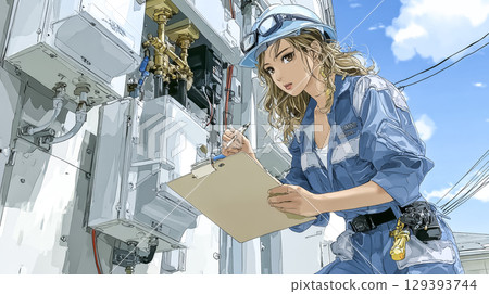 Illustration material of a woman checking a residential switchboard 129393744