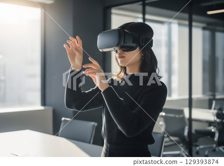 一位年輕女子使用 VR 眼鏡體驗未來 129393874