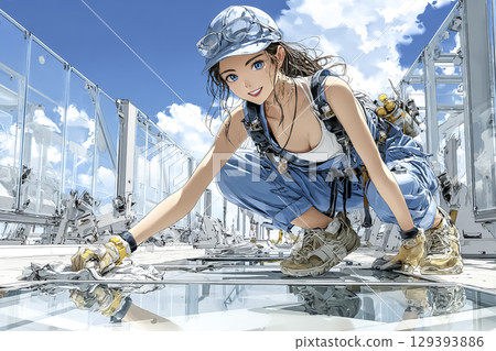 Illustration material of a woman wiping windows 129393886