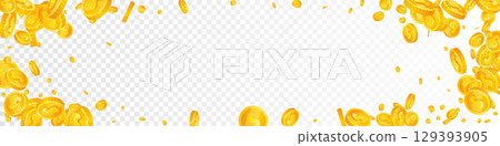 American dollar coins falling. Scattered gold USD coins. USA money. Global financial crisis concept. Panoramic vector illustration. 129393905