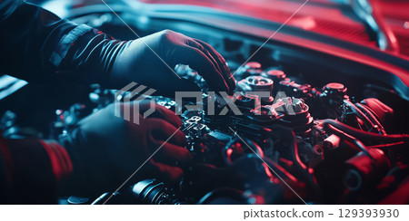 Mechanic disassembling parts of the car's engine for a deep cleaning or overhaul. 129393930