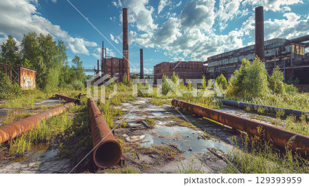 desolate landscape with crumbling factories, rusted pipes, and overgrown vegetation, depicting a world reclaimed by nature 129393959