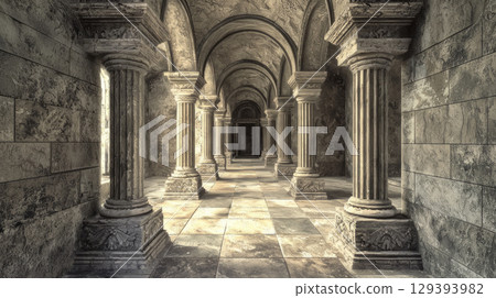 Classical corridor in an ancient temple, stone columns with faded carvings and marble mosaics 129393982