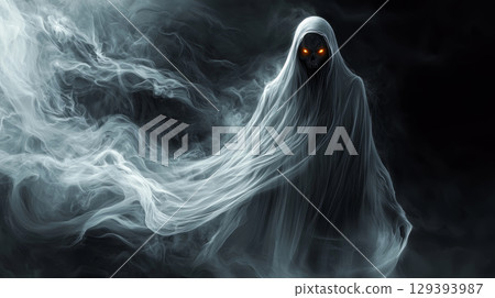 Dark fantasy ghost with glowing eyes, white shroud trailing into swirling black mist 129393987