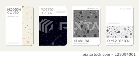 Note book cover design. Terrazzo abstract background made of natural stones, granite, quartz and marble. Venetian terrazzo texture note book template. Note book cover design. Terrazzo abstract background made of natural stones, granite, quartz and marble. Venetian terrazzo texture note book template. 129394001