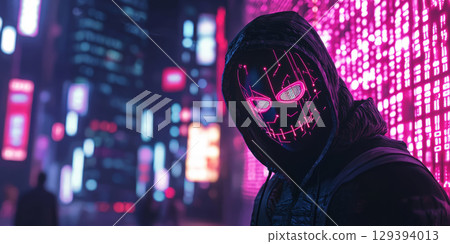 Anonymous hacker screen filled with overlapping digital noise, masked commands, and neon flashing symbols 129394013