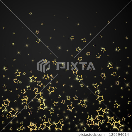 Twinkle stars scattered around randomly, flying, falling down, floating. Christmas celebration concept. Festive stars vector illustration on black background. 129394014