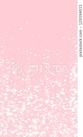 Falling hearts valentine card template. White hearts scattered on pink background. Chaotic falling hearts vector illustration. 129394015