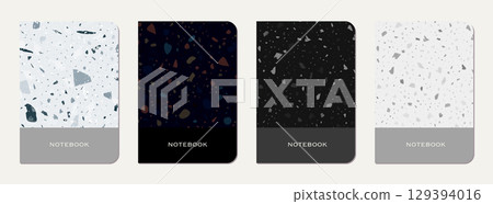 Brochure cover design. Terrazzo abstract background made of natural stones, granite, quartz and marble. Venetian terrazzo texture brochure template. 129394016