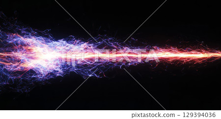 Intense plasma streak with flickering light particles, spreading horizontally on black 129394036