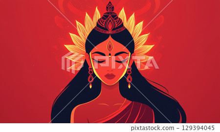 Lakshmi with stylized facial features, simple crown and flowing sari 129394045