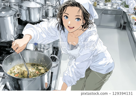 Illustration material of a woman cooking at a school lunch center 129394131