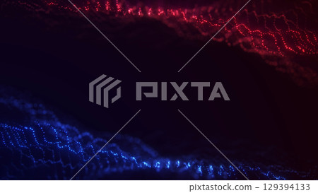 Flowing neon red and blue glowing particle waves on dark background, futuristic technology abstract art. 129394133