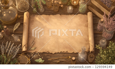 Antique parchment scrolls surrounded by dried herbs, glass potion bottles, crystals, candles, and vintage alchemical tools Antique parchment scrolls surrounded by dried herbs, glass potion bottles, crystals, candles, and vintage alchemical tools 129394149
