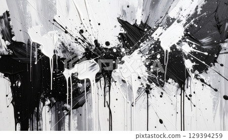 在一塊巨大的畫布上，黑白兩色的顏料被猛烈地潑灑、滴落。 129394259