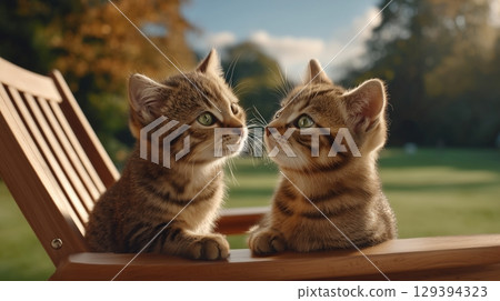 Adorable tabby kittens facing each other on a wooden chair in a sunny garden with soft background of trees and sky Adorable tabby kittens facing each other on a wooden chair in a sunny garden with soft background of trees and sky 129394323