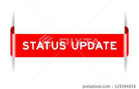 Red color inserted label banner with word status update on white background 129394858
