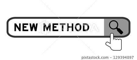 Search banner in word new method with hand over magnifier icon on white background Search banner in word new method with hand over magnifier icon on white background 129394897