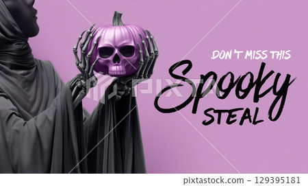 Mysterious figure in dark robes holds purple pumpkin with skull face, set against pink background with Spooky Steal text 129395181