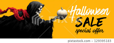 Skeleton in black cloak holds white pumpkin with red ribbon, promoting Halloween sale special offer 129395183