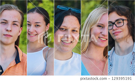 Five diverse high school students are smiling in a photo collage, showcasing their youthful energy and camaraderie Five diverse high school students are smiling in a photo collage, showcasing their youthful energy and camaraderie 129395191