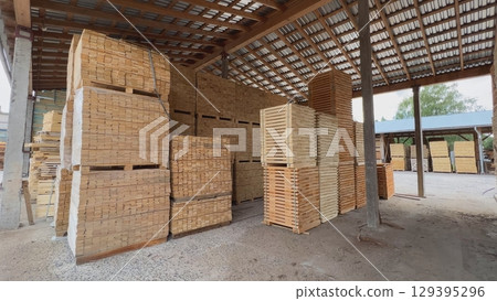 Wooden planks and boards storing in warehouse under roof Wooden planks and boards storing in warehouse under roof 129395296