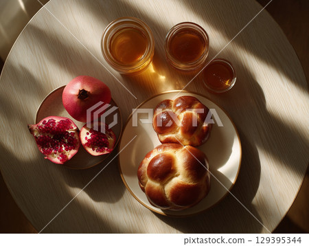 Overhead view of Rosh Hashanah table Overhead view of Rosh Hashanah table 129395344