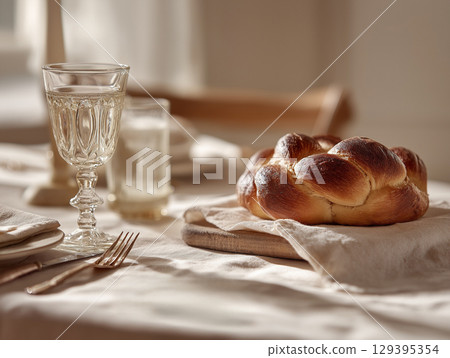 Elegant Shabbat table setting with round challah 129395354