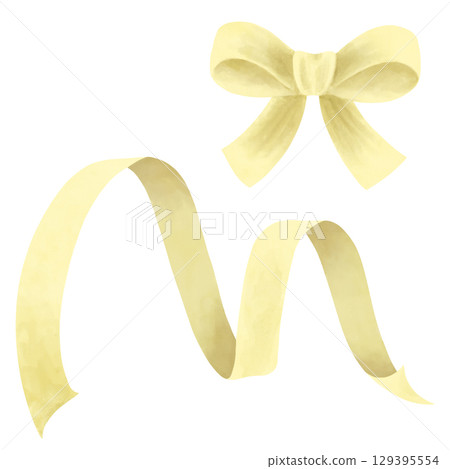 Hand-drawn watercolor yellow ribbon and bow isolated on white background. Decorative element in pastel tones for festive designs, greeting cards Hand-drawn watercolor yellow ribbon and bow isolated on white background. Decorative element in pastel tones for festive designs, greeting cards 129395554