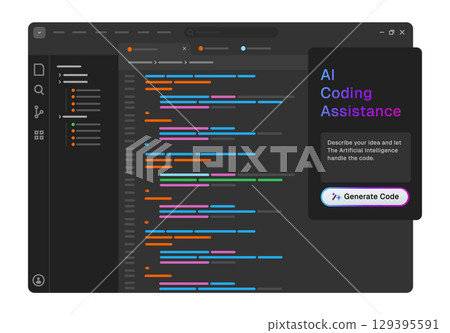 artificial intelligence coding environment featuring an AI powered assistant screen shows code editor user interface to interact with AI for code generator artificial intelligence coding environment featuring an AI powered assistant screen shows code editor user interface to interact with AI for code generator 129395591