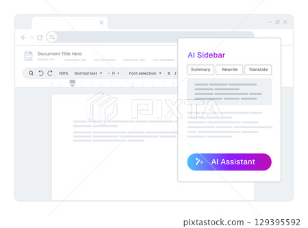 AI powered text editor document with an integrated artificial intelligence sidebar features summarization rewriting and translation AI assistance for writing and editing software 129395592
