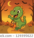 Cute Halloween Dinosaur Trick-or-Treating with Candy Bucket - Cartoon Illustration. 129395622