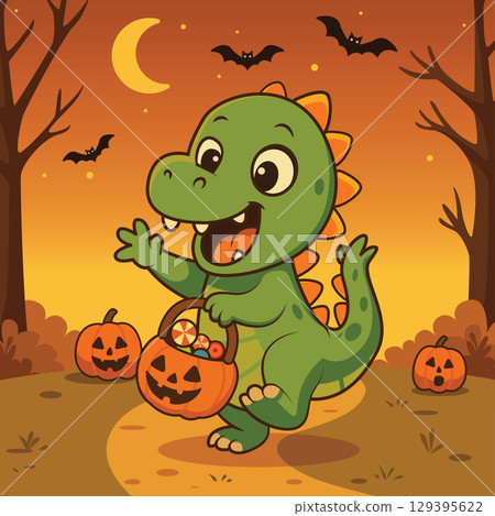 Cute Halloween Dinosaur Trick-or-Treating with Candy Bucket - Cartoon Illustration. 129395622
