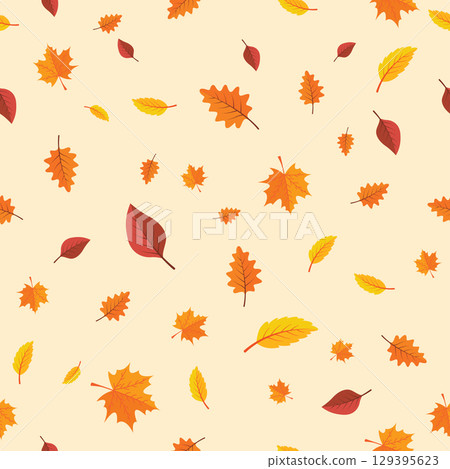 Seamless autumn pattern with leaves on yellow background. Flat autumn forest leaves. Seamless autumn pattern with leaves on yellow background. Flat autumn forest leaves. 129395623