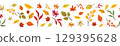 Seamless horizontal border with autumn leaves pattern, isolated on white background. Design for harvest holiday. 129395628