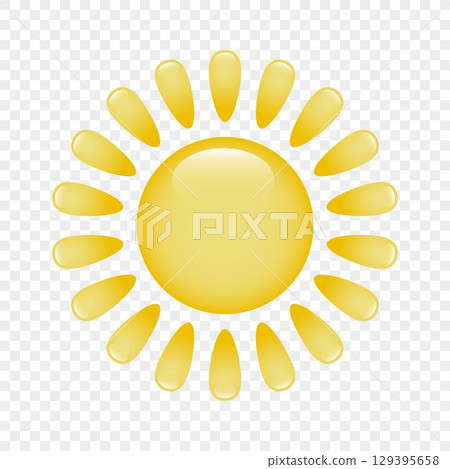 An icon of a large, cartoon sun with rays on a transparent background. Logo, sun sticker. An icon of a large, cartoon sun with rays on a transparent background. Logo, sun sticker. 129395658