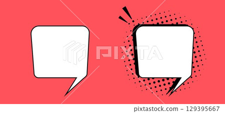 A set of square speech bubble templates on a red background. Vintage pop art style design. A set of square speech bubble templates on a red background. Vintage pop art style design. 129395667