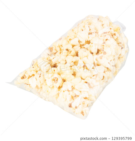 Popcorn in a Plastic Bag Tied with a Rubber Band on White Background 129395799