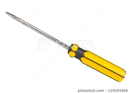 Yellow and Black Flathead Screwdriver on White Background 129395806