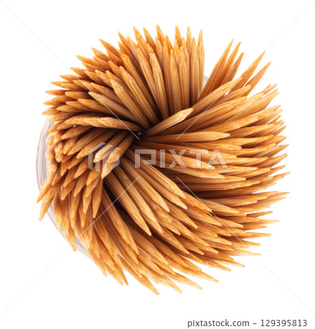 Top View of Toothpicks in Clear Plastic Bottle on White Background 129395813