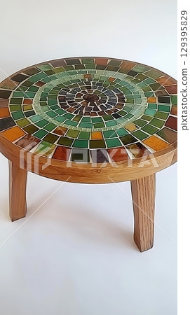 A wooden stool with a mosaic top 129395829