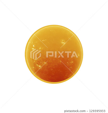 Vibrant, glowing orange sphere resembling planet or celestial body with smooth, fiery surface texture, set against transparency background 129395933
