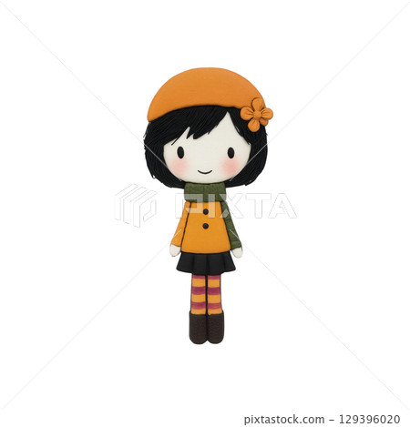 Cute cartoon character with cheerful expression, wearing orange beret, matching coat, and striped leggings, exudes playful and whimsical charm 129396020